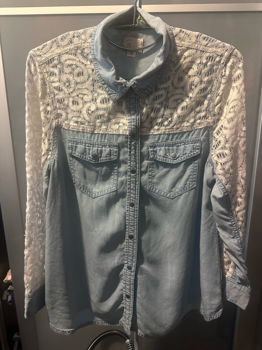 Anthropologie Light Blue Denim Button-Down with White Lace Yoke